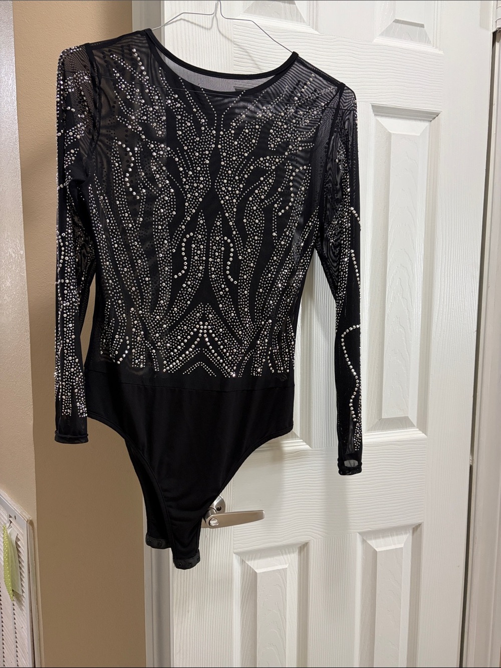Black Long-Sleeve Rhinestone One-Piece Bodysuit